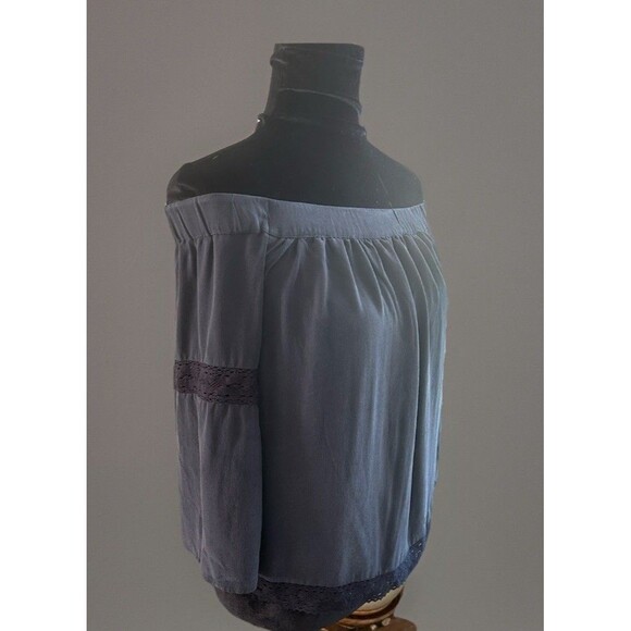 ECRU Silk Off The Shoulder Blouse Crochet Lace Hem Lined Dark Blue Sz XS Luxury - Picture 2 of 10